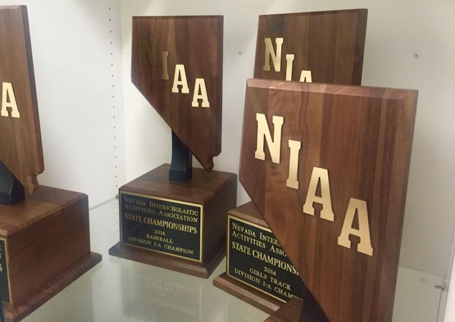 Photo caption: NIAA trophies accumulated over the years.  
Photo by Sarah Butler