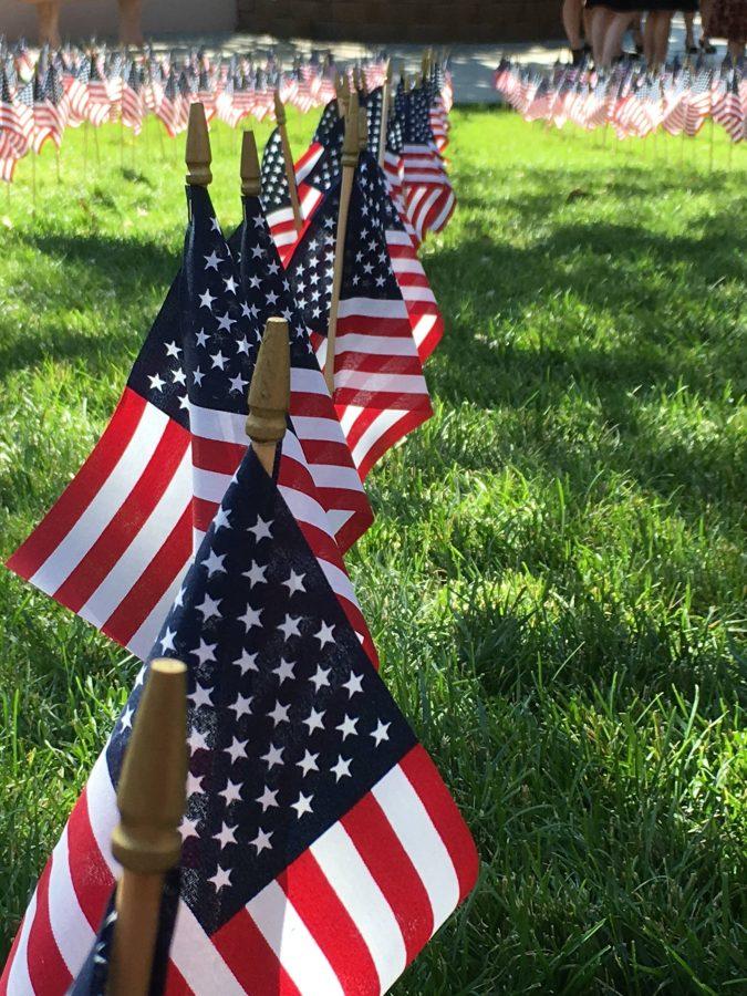 Throughout the amphitheater, flags were placed in memory of the victims of the 9/11 attacks. 