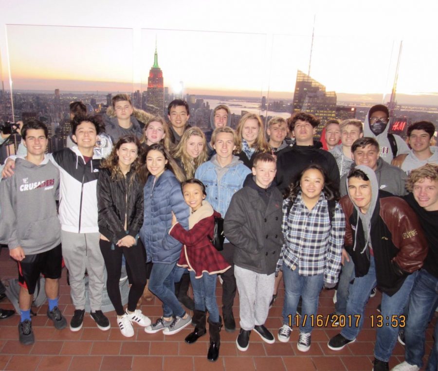 The mock trial team posed for a photo on Top of the Rock in New York City. 