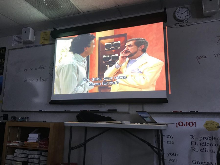 One of the many Telenovas watched in Spanish Soap Opera Club, plays on screen in Mr. Heupels room during advisory.