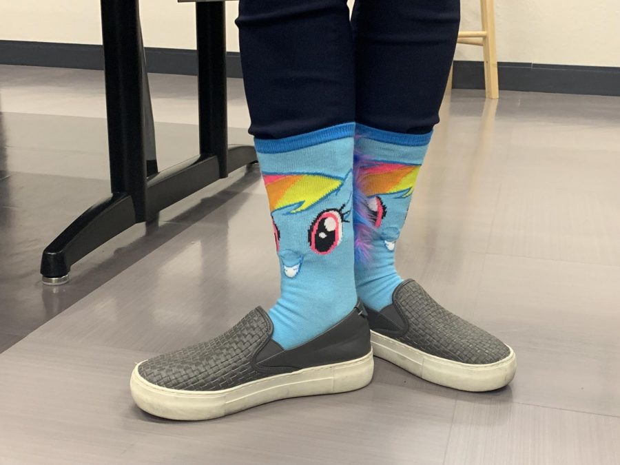 Mrs. Gravitt's "My Little Pony" socks embellished with a fur rainbow mane.