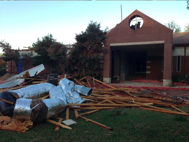 The damage done to the front of Dallas Lutheran after the tornado.