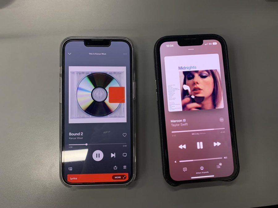 Spotify+playing+on+the+left+phone+and+Apple+Music+playing+on+the+right+phone.+