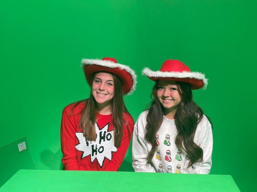 Pictured: Lindley Amick and Addison Hama at the anchor desk. 